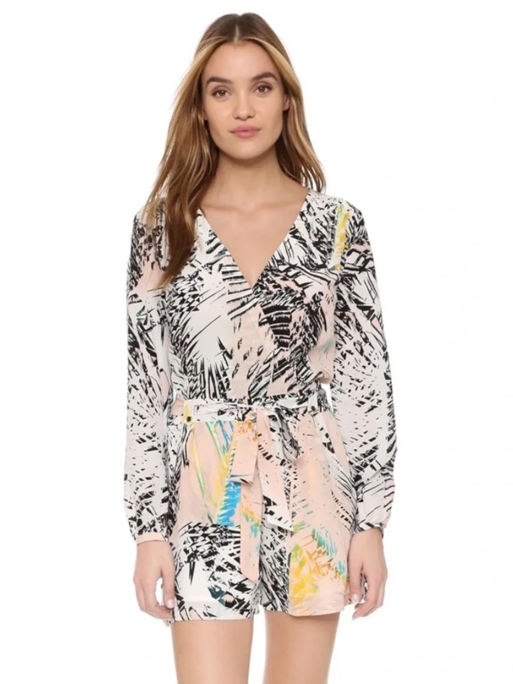 Yumi Kim Soho 100% silk romper Abstract Palm Print Tie-Waist  in Blush & Black